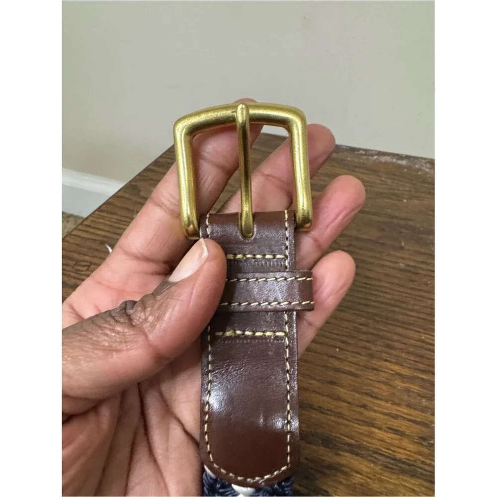 Men's Navy Braided Leather-Trim Brass Buckle Belt size 42 Nautical Preppy Summer